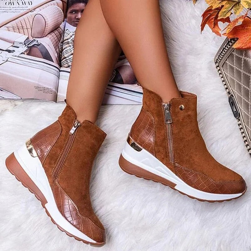 Women's Mid-Calf Wedge Ankle Boots Featuring Side Zipper and Gold Accents