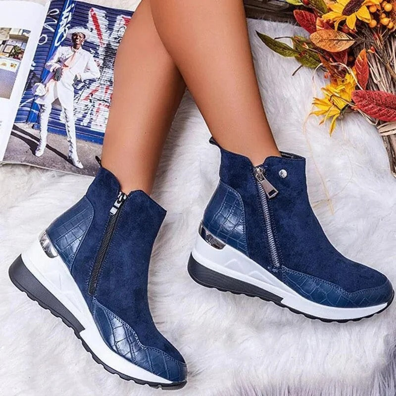 Women's Mid-Calf Wedge Ankle Boots Featuring Side Zipper and Gold Accents