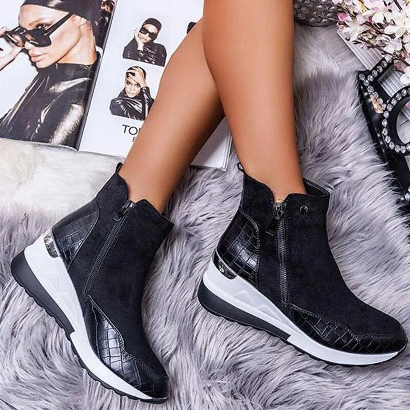 Women's Mid-Calf Wedge Ankle Boots Featuring Side Zipper and Gold Accents