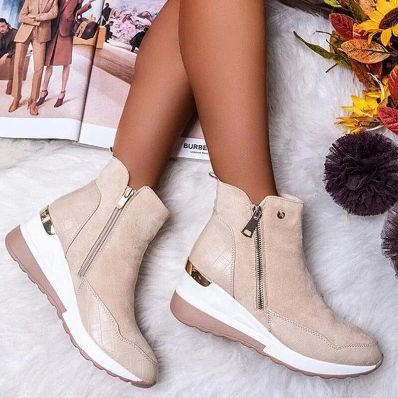 Women's Mid-Calf Wedge Ankle Boots Featuring Side Zipper and Gold Accents