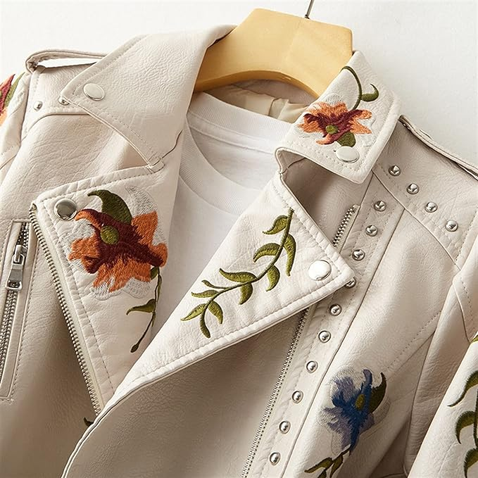 Embroidered and Studded Leather Jacket for Women