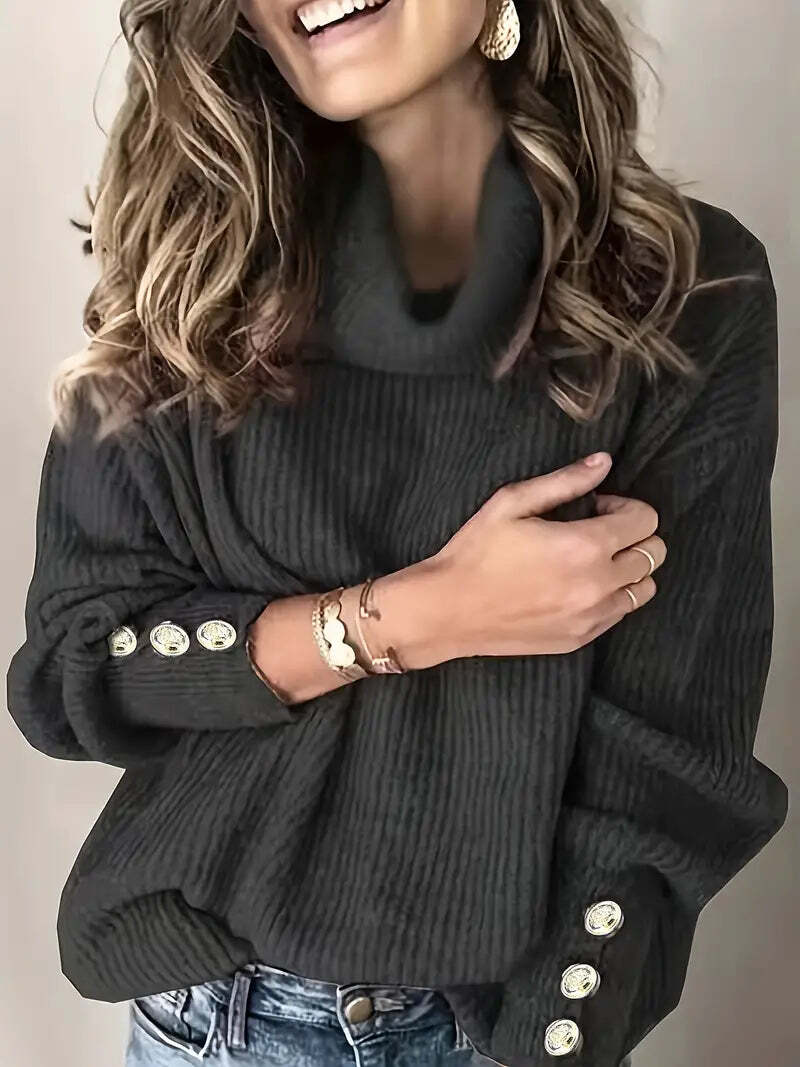 Relaxed Fit Women's Turtleneck Sweater with Button Sleeve Accents