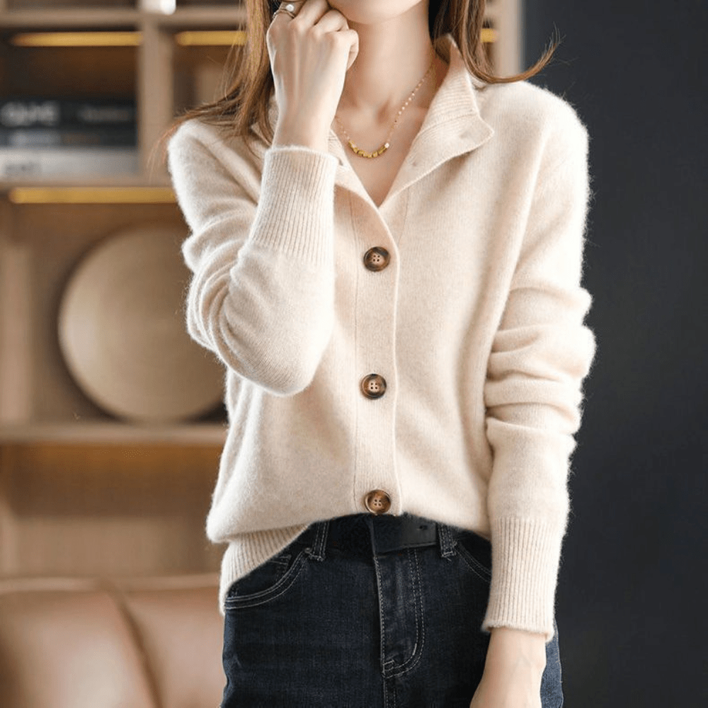 Classic Lapel Collar Knit Cardigan for Women with Button-Up Design