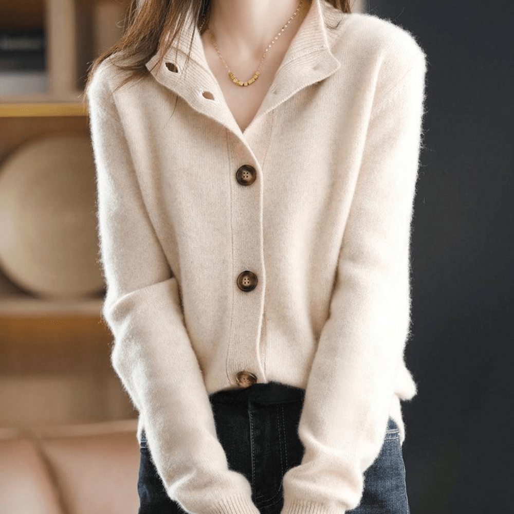 Classic Lapel Collar Knit Cardigan for Women with Button-Up Design