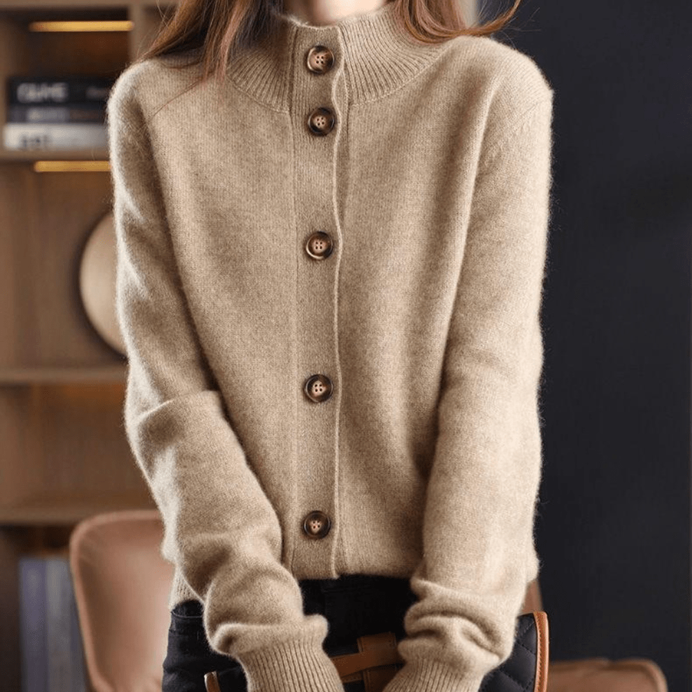 Classic Lapel Collar Knit Cardigan for Women with Button-Up Design