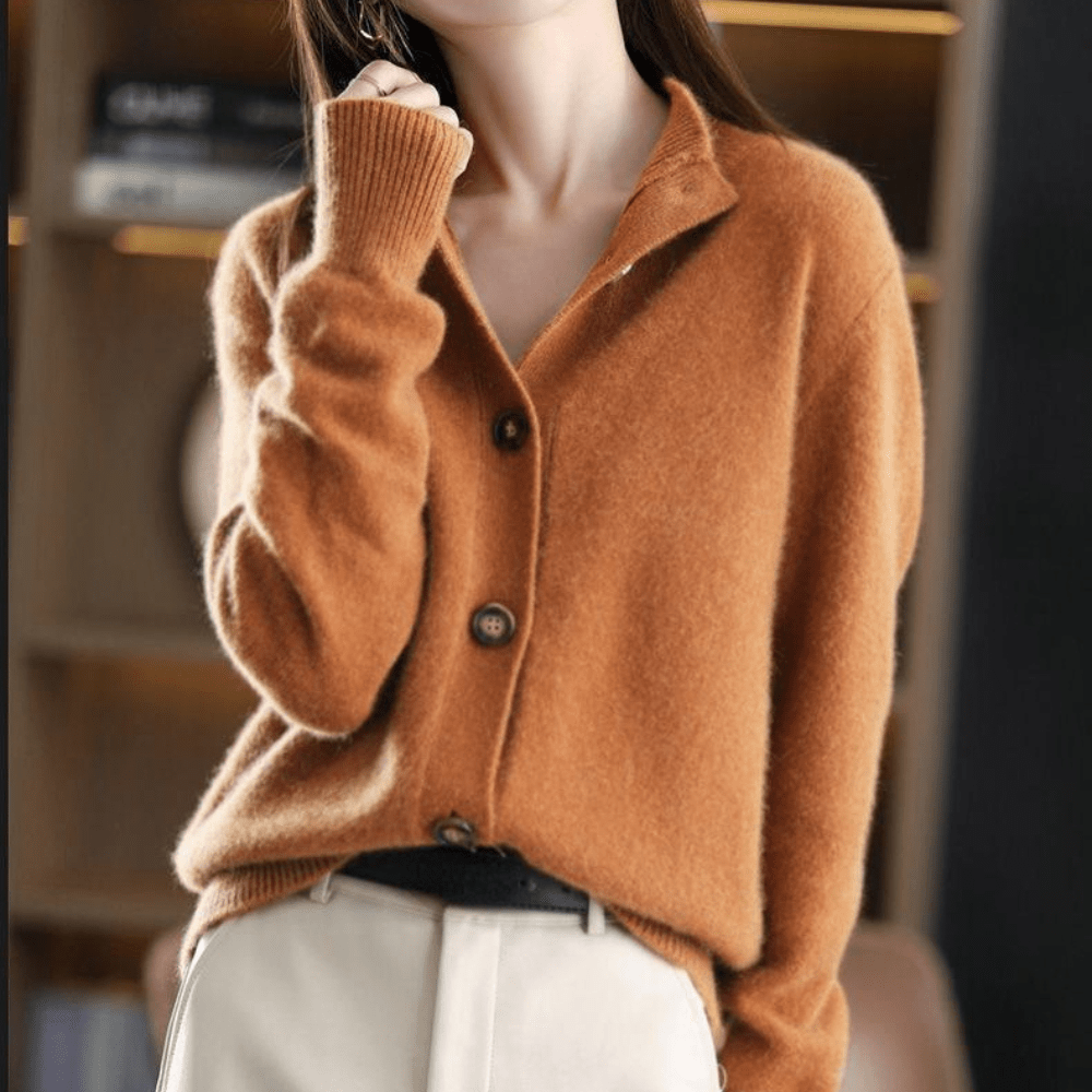 Classic Lapel Collar Knit Cardigan for Women with Button-Up Design