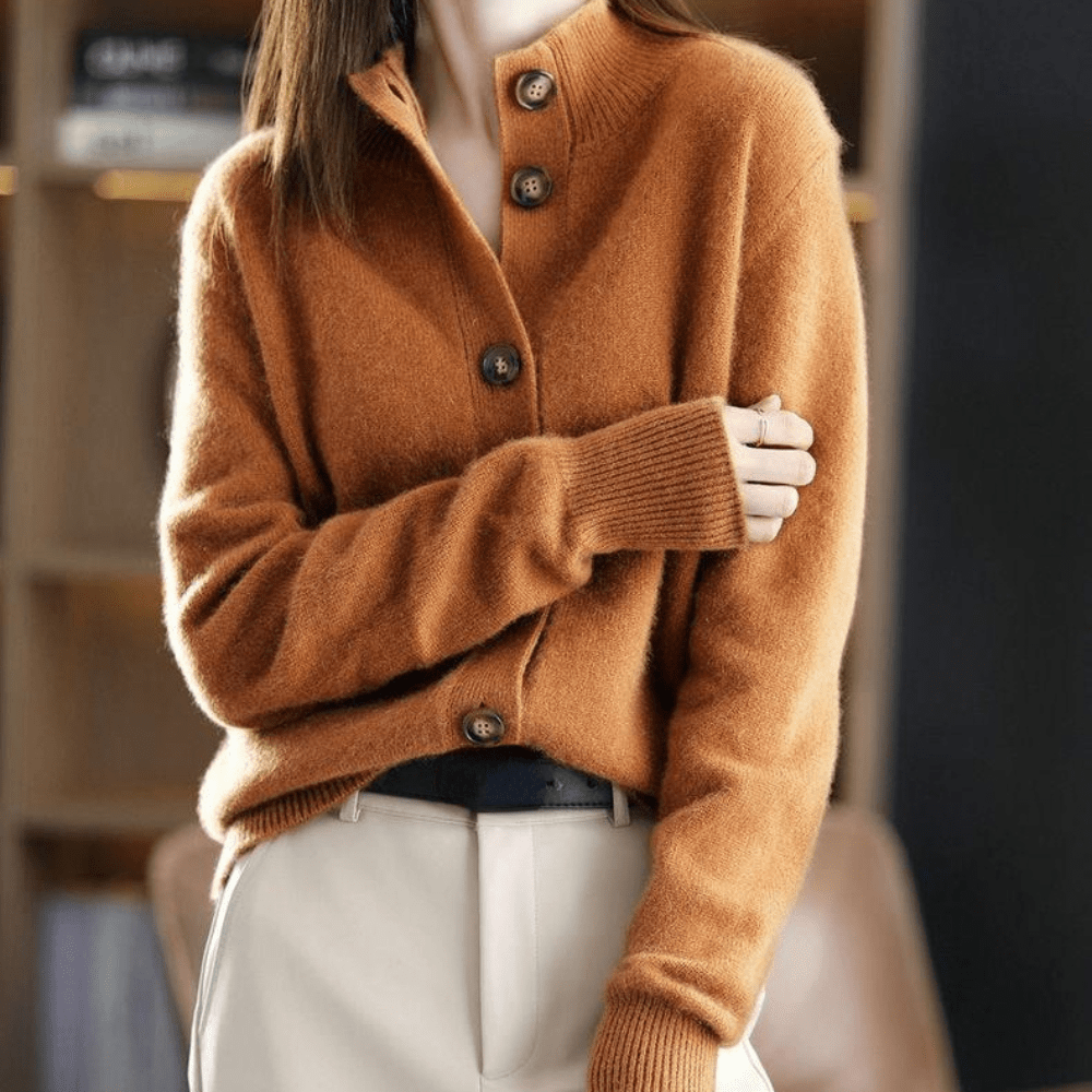 Classic Lapel Collar Knit Cardigan for Women with Button-Up Design