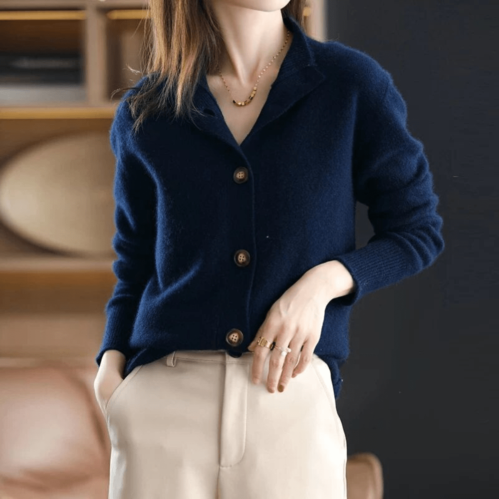 Classic Lapel Collar Knit Cardigan for Women with Button-Up Design