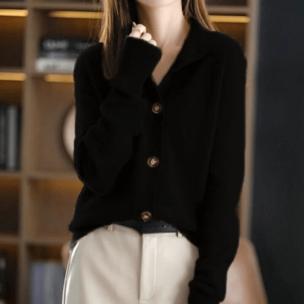 Classic Lapel Collar Knit Cardigan for Women with Button-Up Design