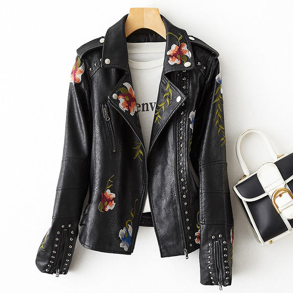 Embroidered and Studded Leather Jacket for Women