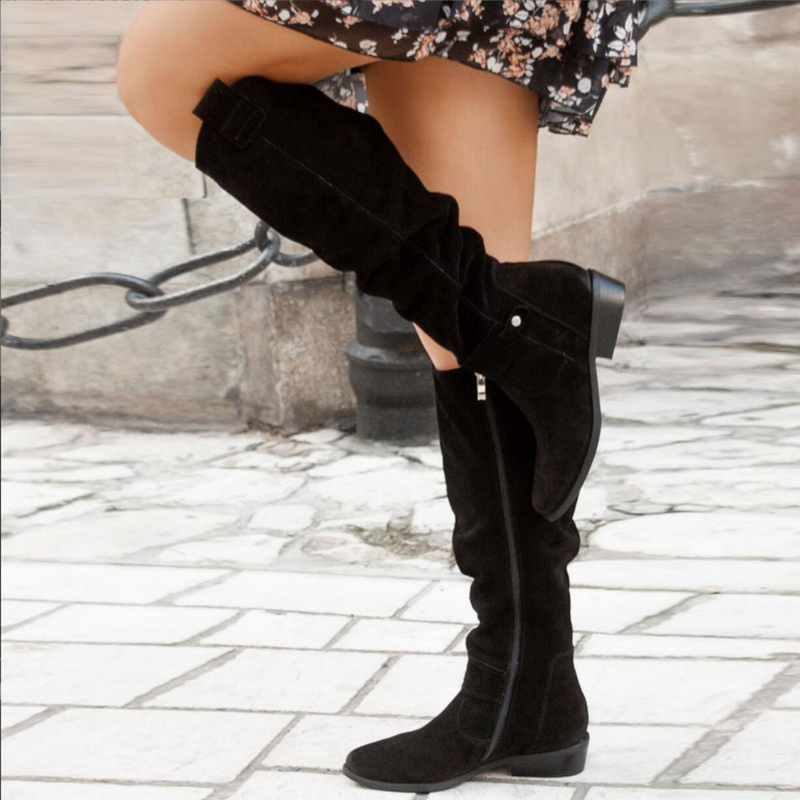 Low Heel Knee-High Boots for Women with Side Zip Closure