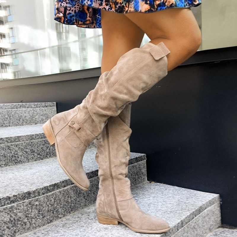 Low Heel Knee-High Boots for Women with Side Zip Closure