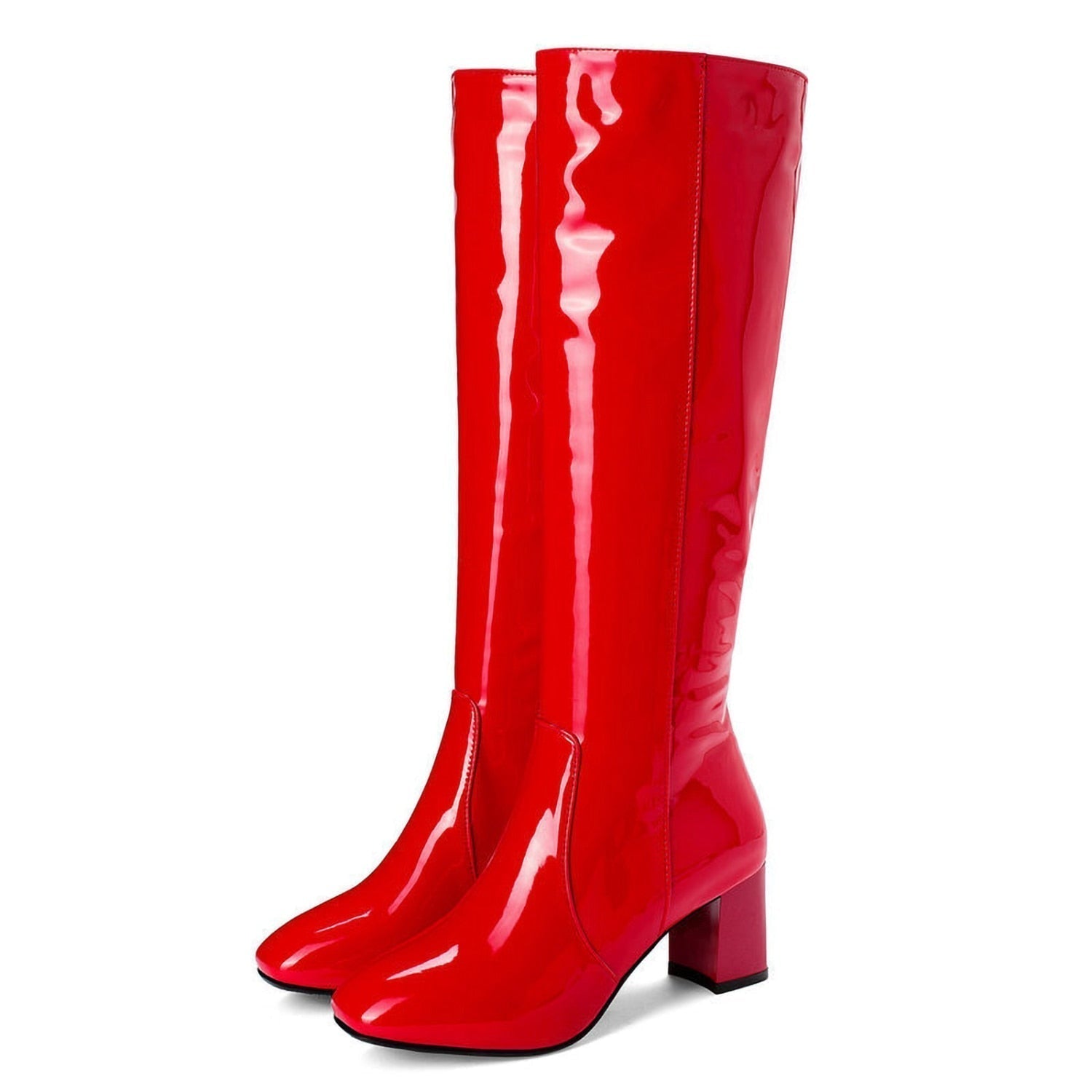 Shiny Finish Knee-High Boots for Women with Block Heel