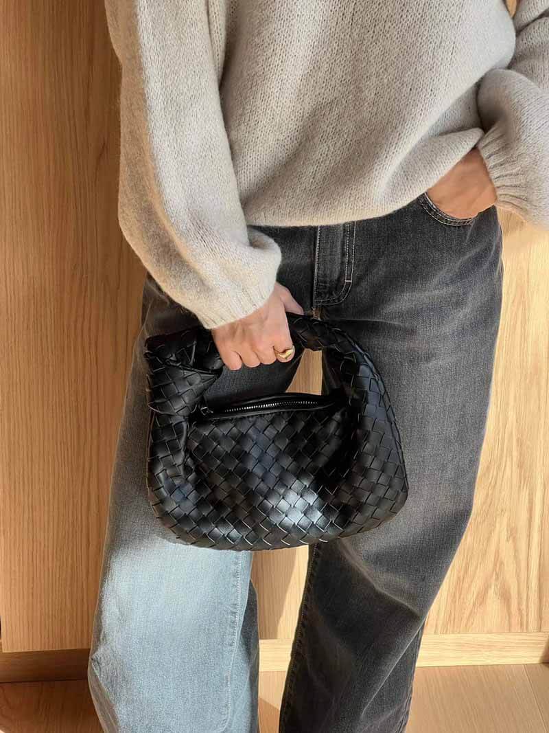 Mini Woven Handbag for Women with Top Handle and Knot Accent