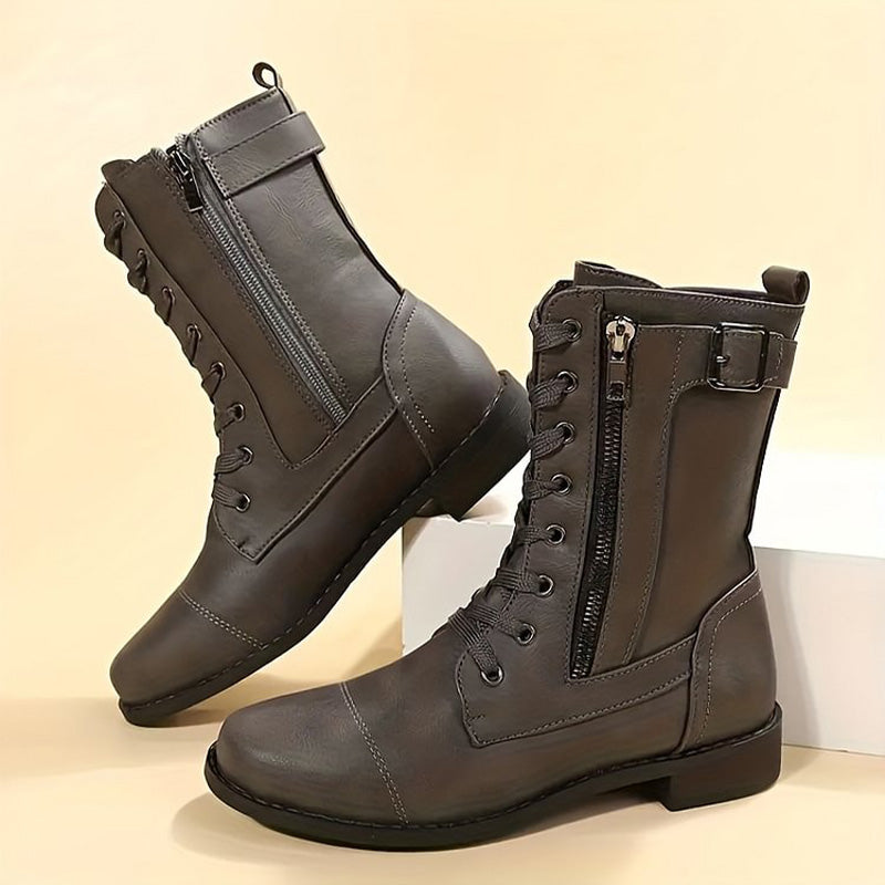 Mid-Calf Lace-Up Boots for Women with Side Zipper and Buckle Strap Accents