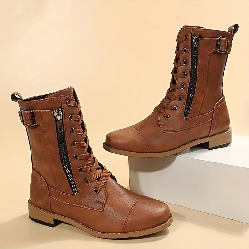 Mid-Calf Lace-Up Boots for Women with Side Zipper and Buckle Strap Accents