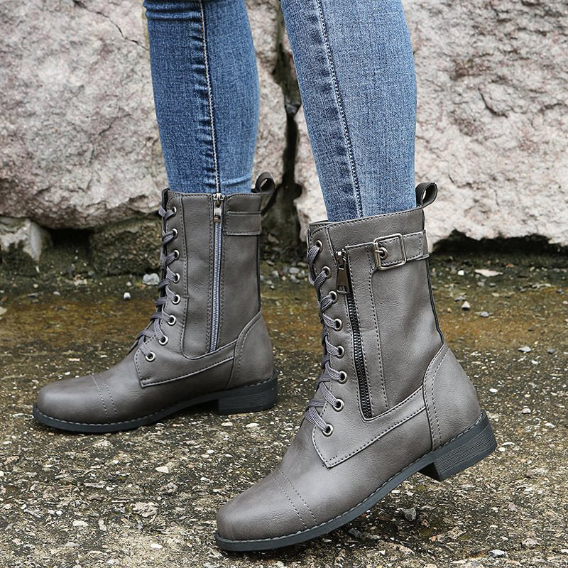 Mid-Calf Lace-Up Boots for Women with Side Zipper and Buckle Strap Accents