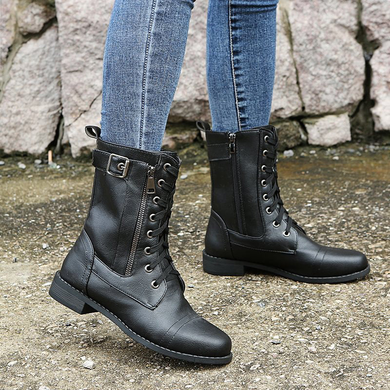 Mid-Calf Lace-Up Boots for Women with Side Zipper and Buckle Strap Accents