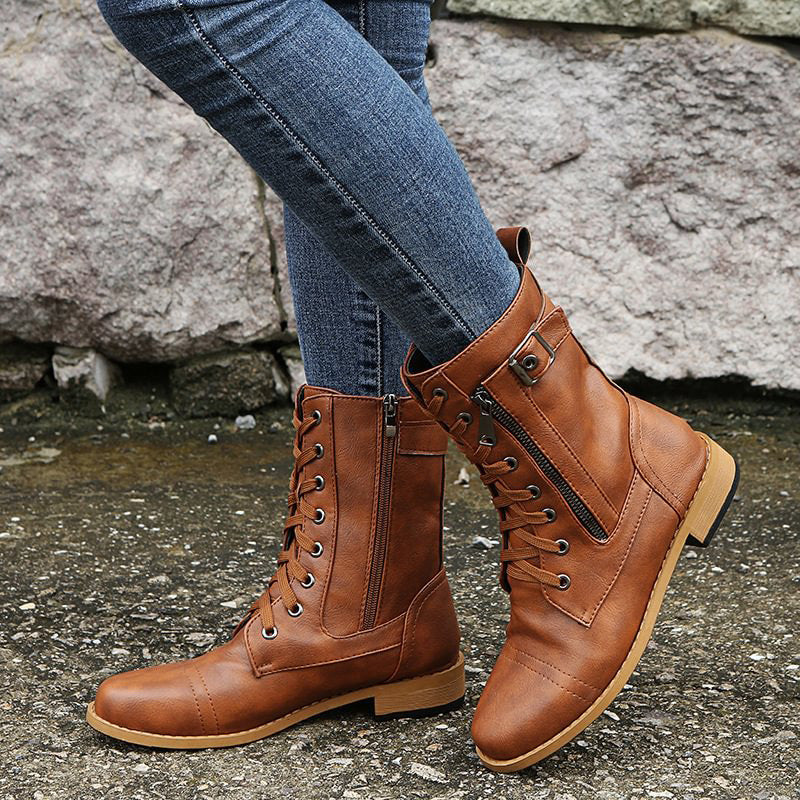 Mid-Calf Lace-Up Boots for Women with Side Zipper and Buckle Strap Accents