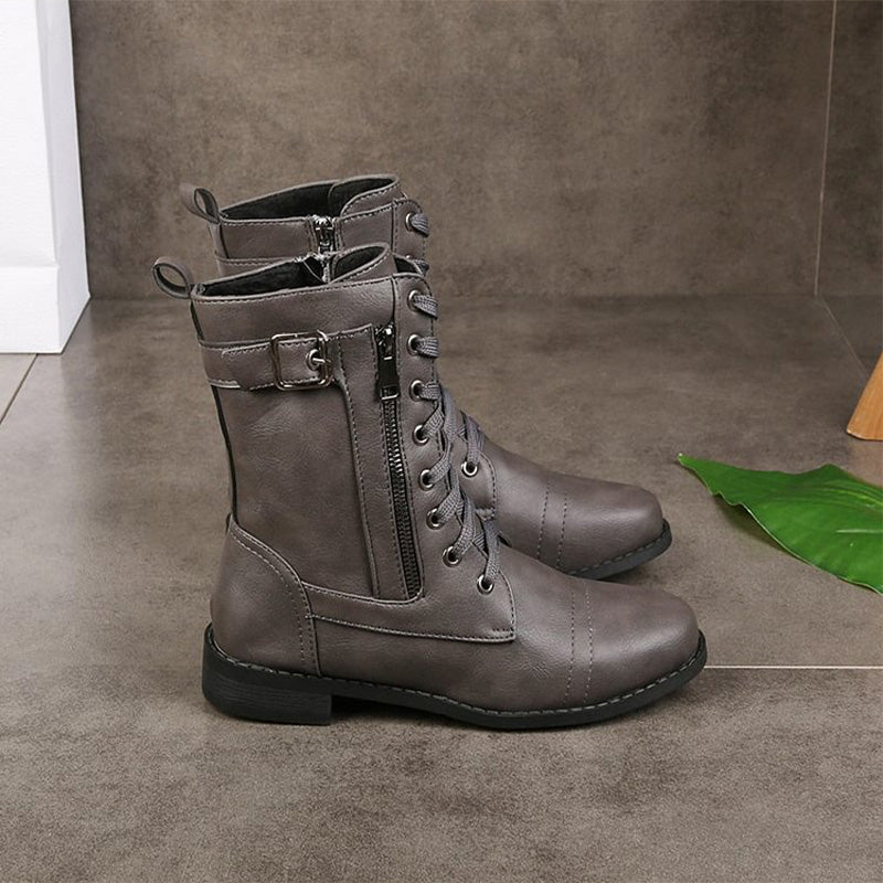 Mid-Calf Lace-Up Boots for Women with Side Zipper and Buckle Strap Accents