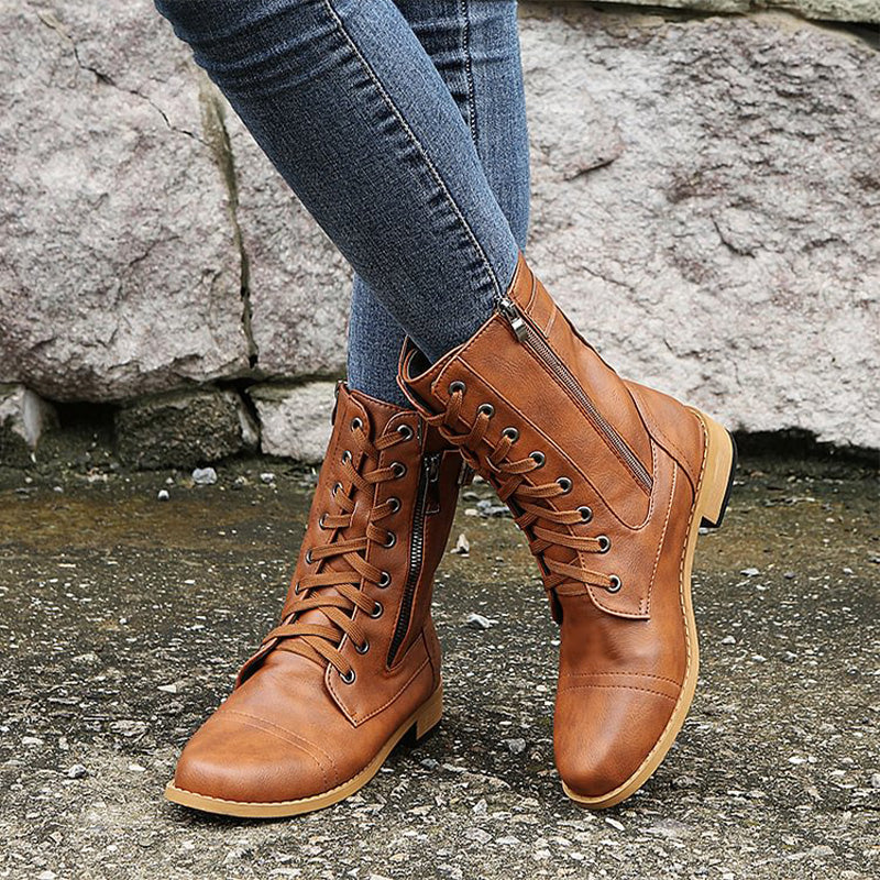 Mid-Calf Lace-Up Boots for Women with Side Zipper and Buckle Strap Accents