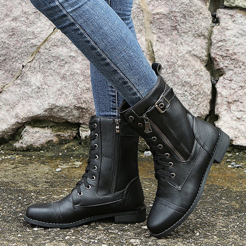 Mid-Calf Lace-Up Boots for Women with Side Zipper and Buckle Strap Accents
