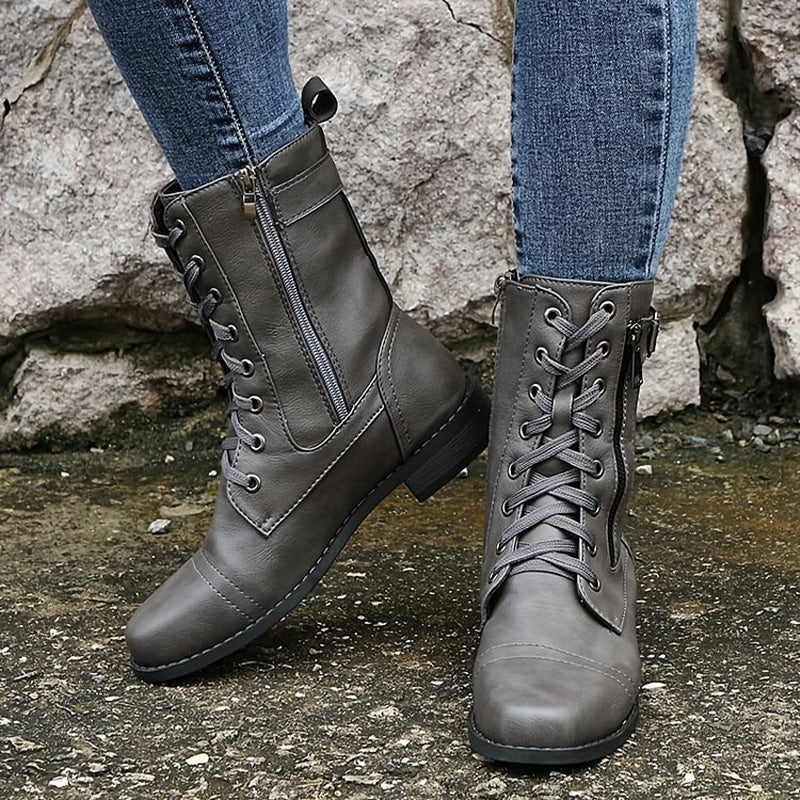 Mid-Calf Lace-Up Boots for Women with Side Zipper and Buckle Strap Accents