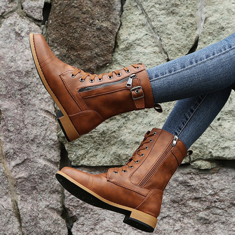 Mid-Calf Lace-Up Boots for Women with Side Zipper and Buckle Strap Accents