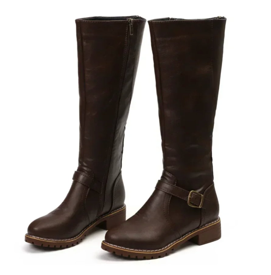 Women's Knee-High Boots Featuring Buckle Strap and Low Block Heel