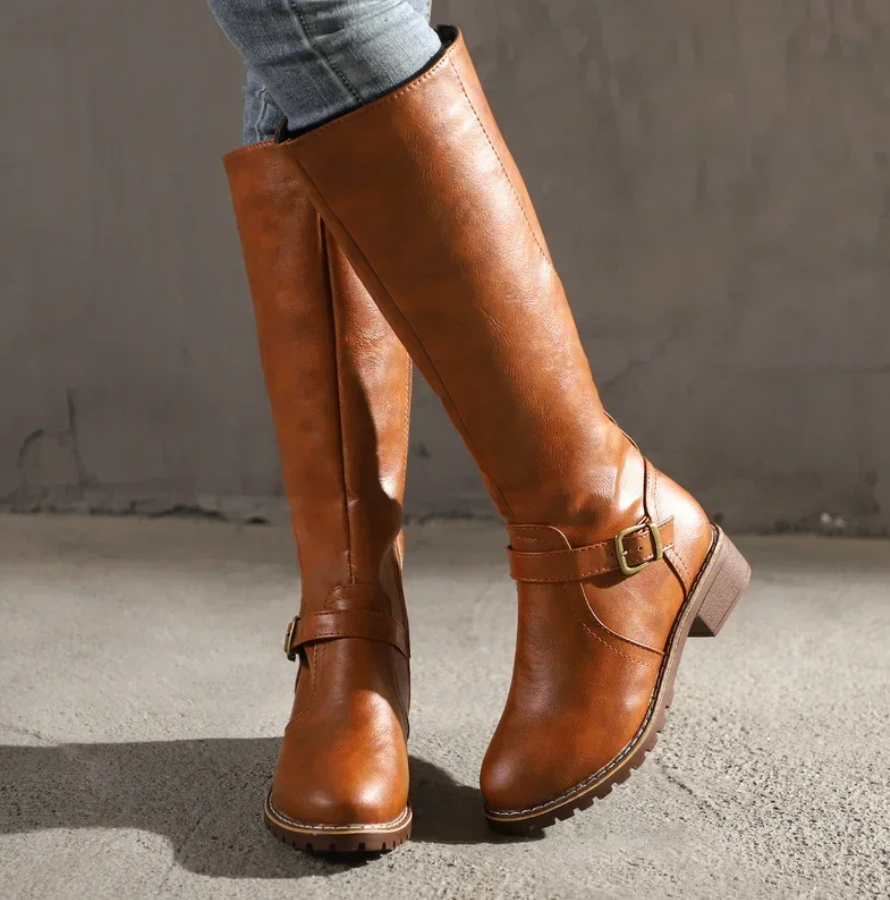 Women's Knee-High Boots Featuring Buckle Strap and Low Block Heel