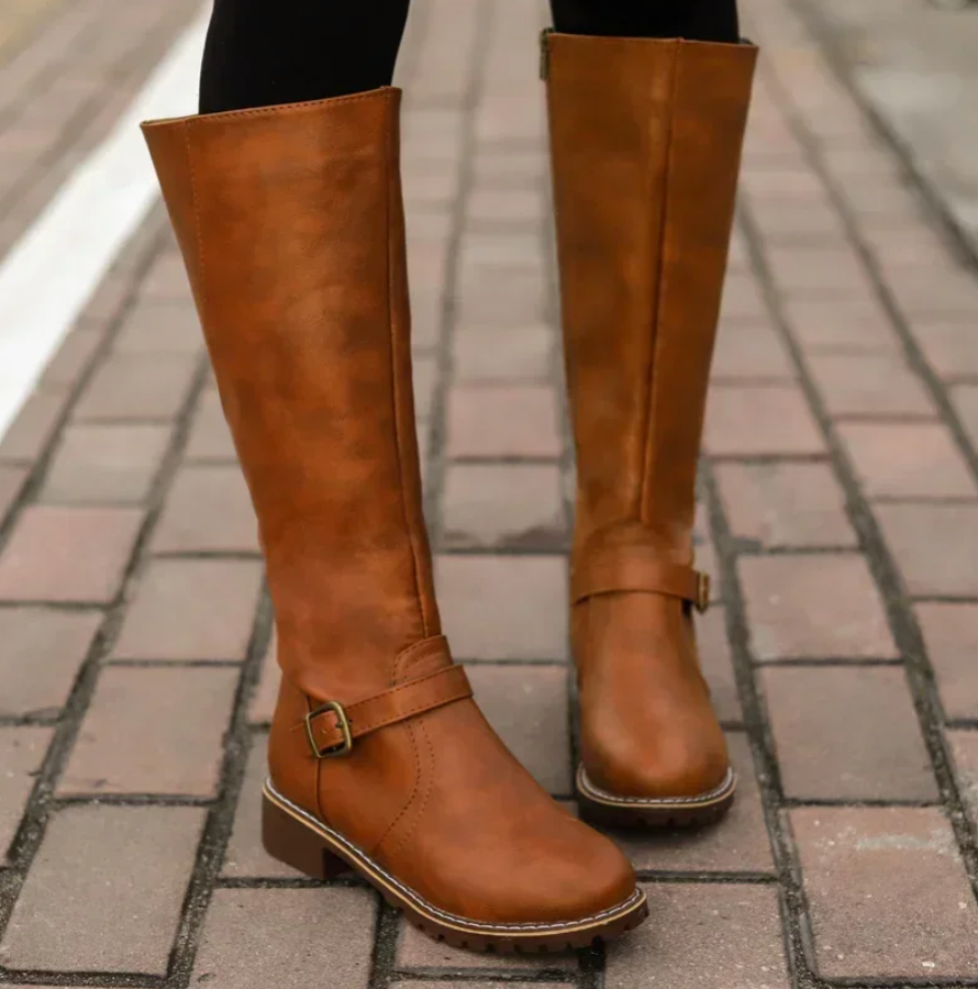 Women's Knee-High Boots Featuring Buckle Strap and Low Block Heel