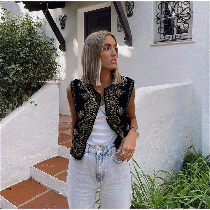 Women's Vintage Embroidered Sleeveless Vest with Open Front