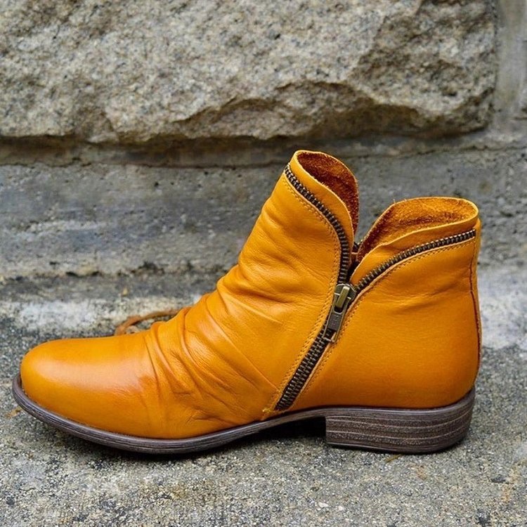 Women's Ankle Boots with Side Zip, Low Heel, and Ruched Design