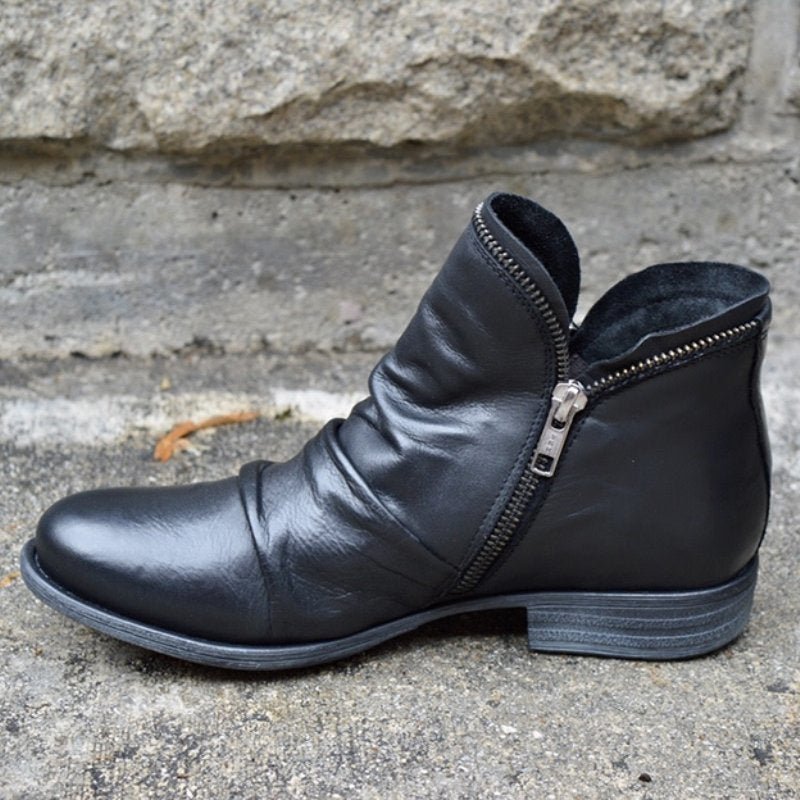 Women's Ankle Boots with Side Zip, Low Heel, and Ruched Design