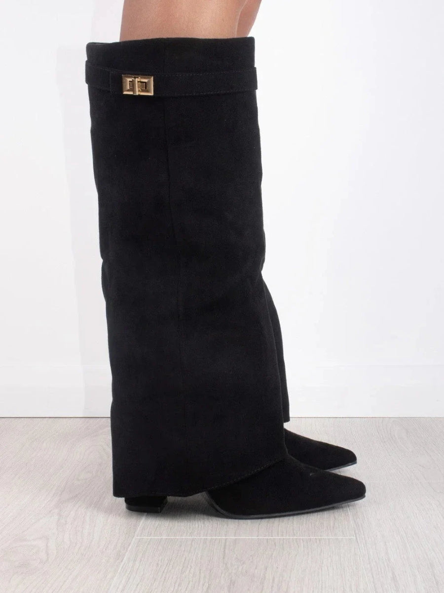 Wide Flare Top Knee High Boots for Women with Block Heel